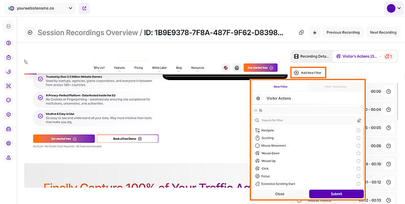 Filter Options for Visitor's Actions