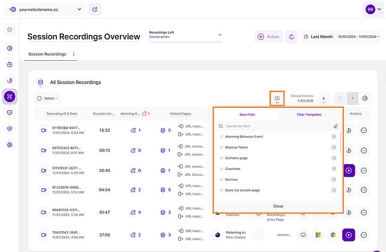 Filters For Session Recordings Overview
